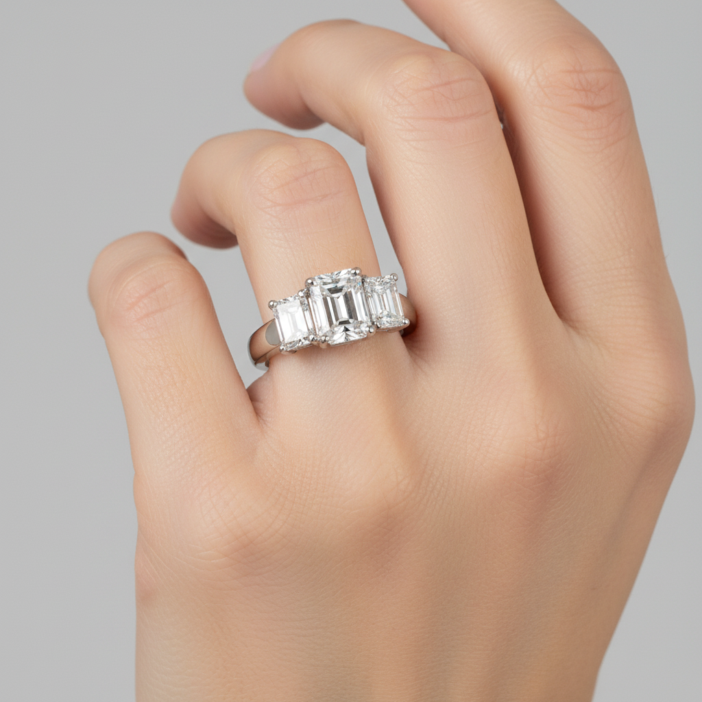 Three Stone Emerald Cut Ring - Side by Side on Hand