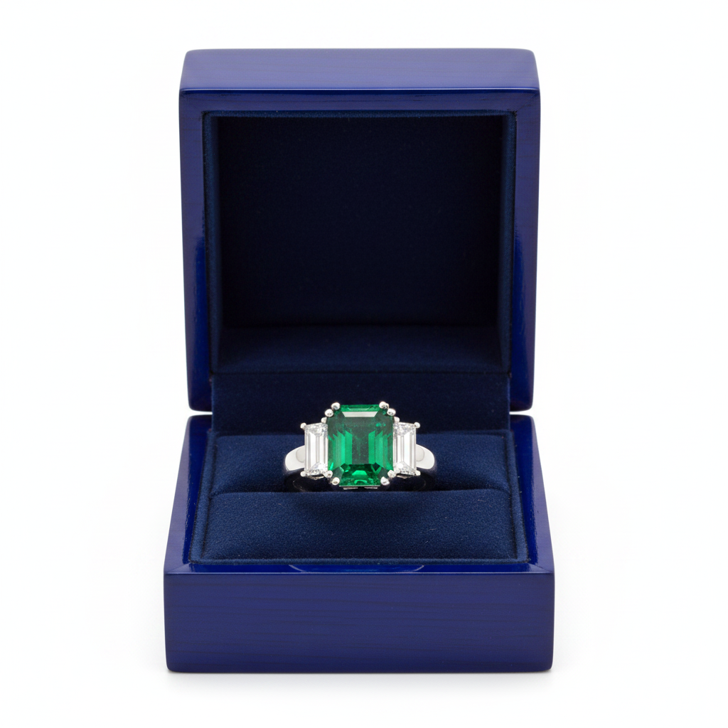 Three-Stone Emerald Diamond Ring in Royal Blue Gift Box