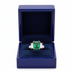 Three-Stone Emerald Diamond Ring in Royal Blue Gift Box