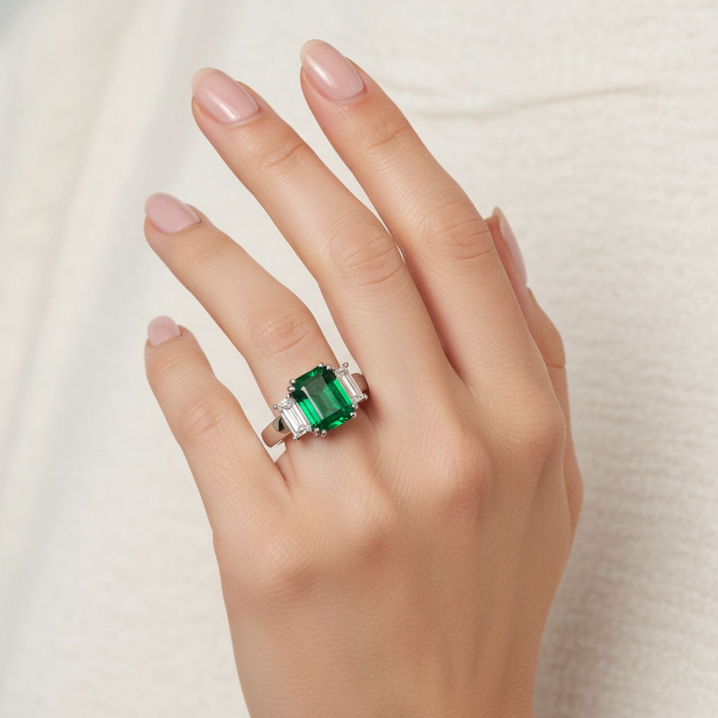 Three-Stone Emerald Diamond Ring on Model