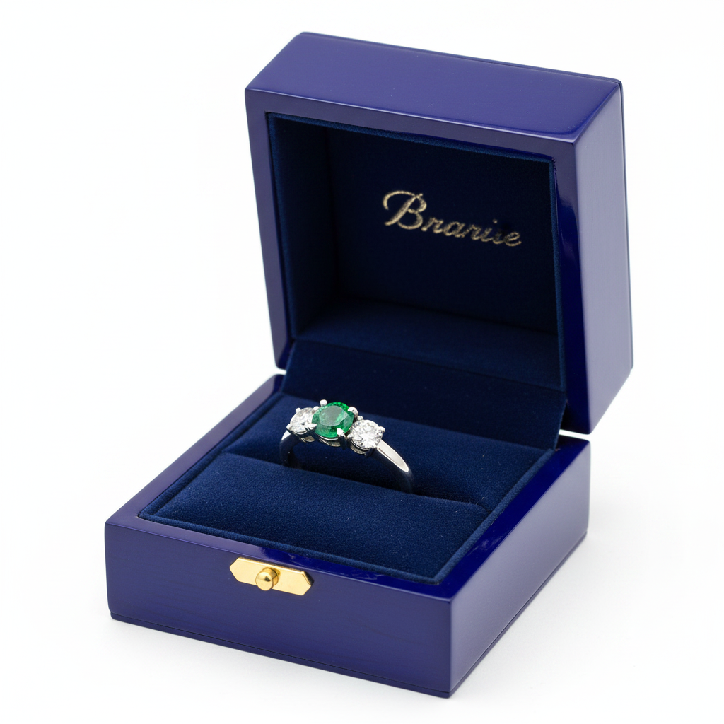 Three-Stone Round Emerald Diamond Ring in Royal Blue Gift Box