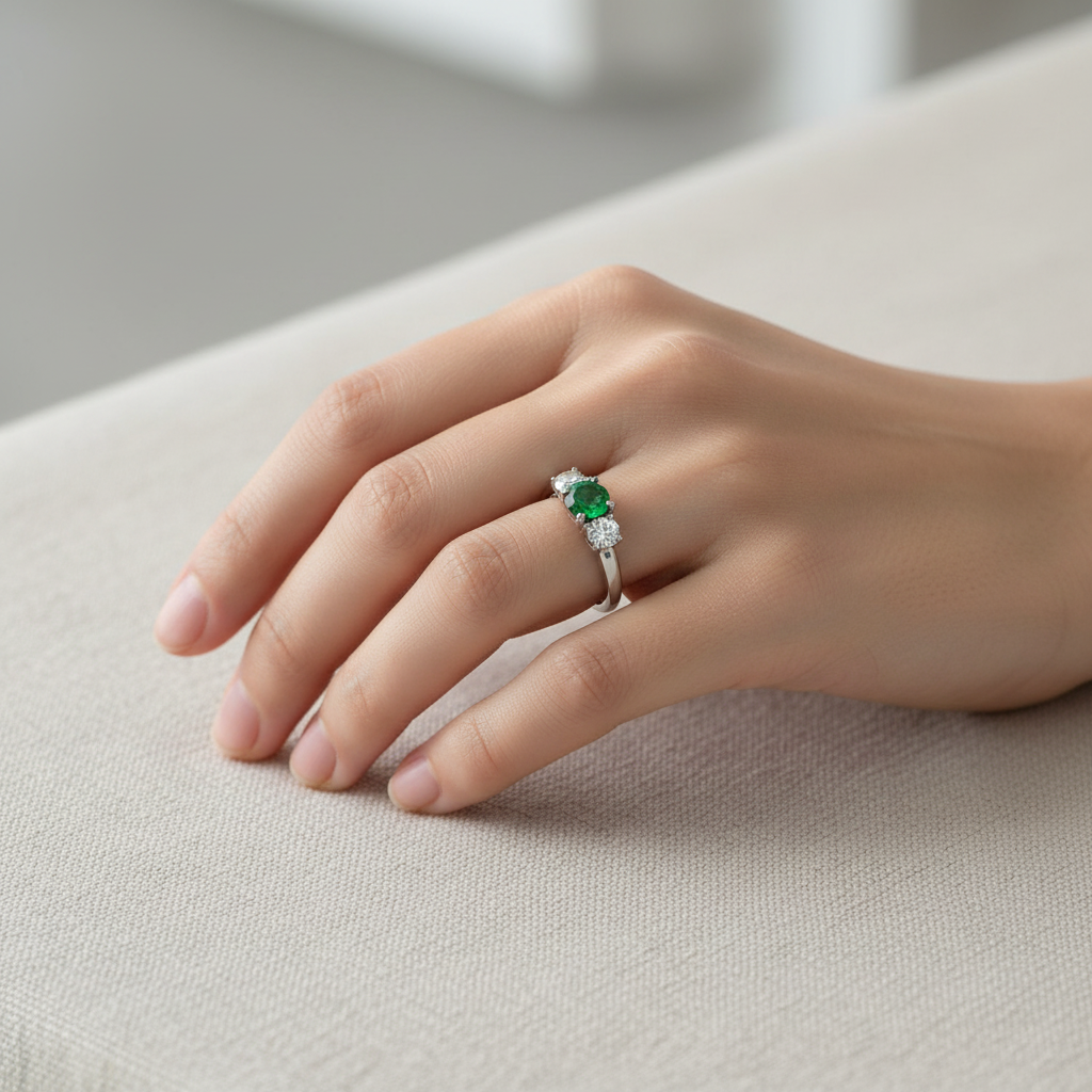 Three-Stone Round Emerald Diamond Ring on Model