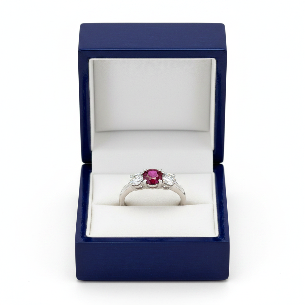 Three-Stone Ruby Diamond Ring in Royal Blue Gift Box