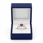 Three-Stone Ruby Diamond Ring in Royal Blue Gift Box