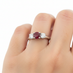 Three-Stone Ruby Diamond Ring on Model