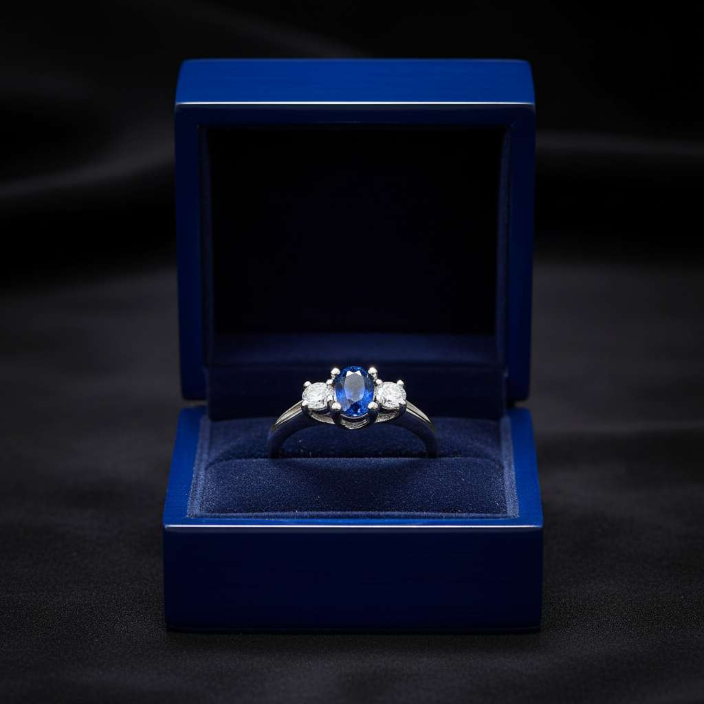 14k gold three-stone sapphire and diamond fashion ring with 1.40 carats total weight, displayed in a gift box.