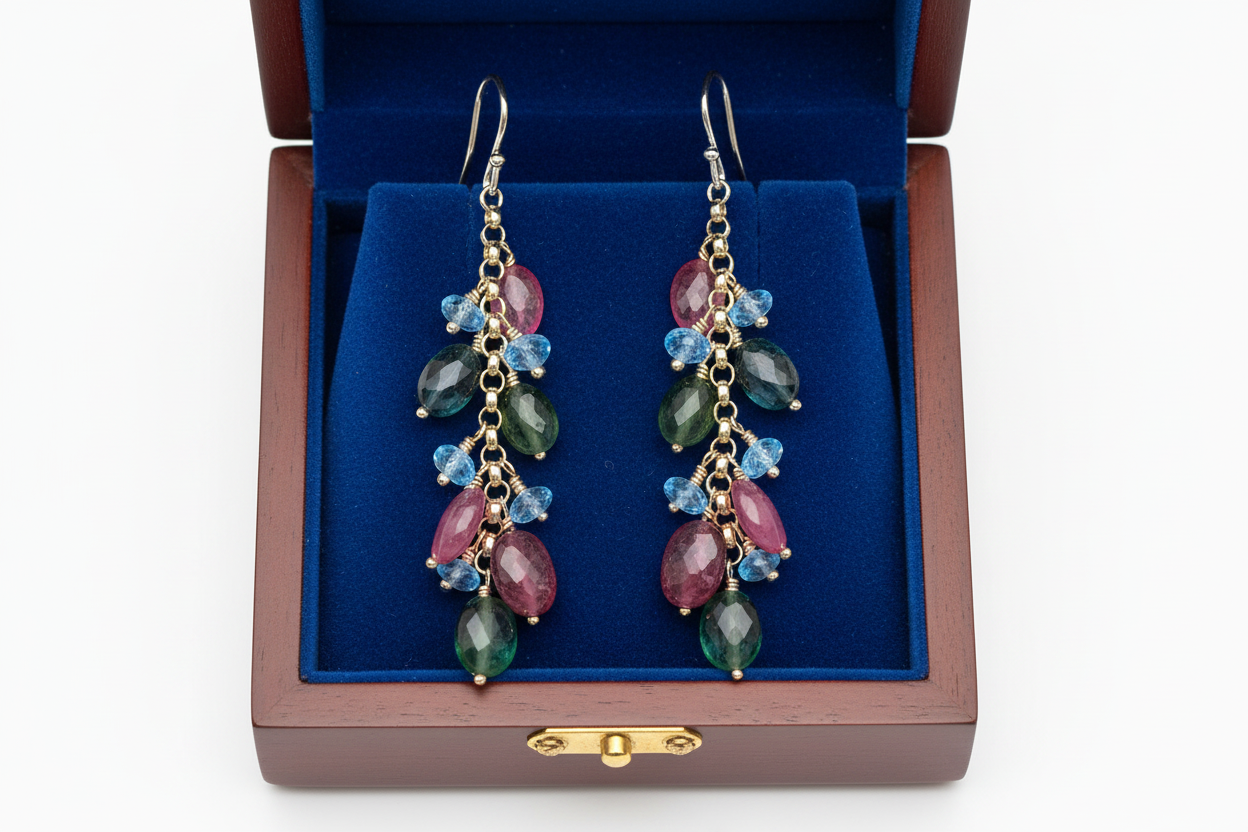 Tourmaline Blue Topaz Earrings in Wooden Royal Blue Box