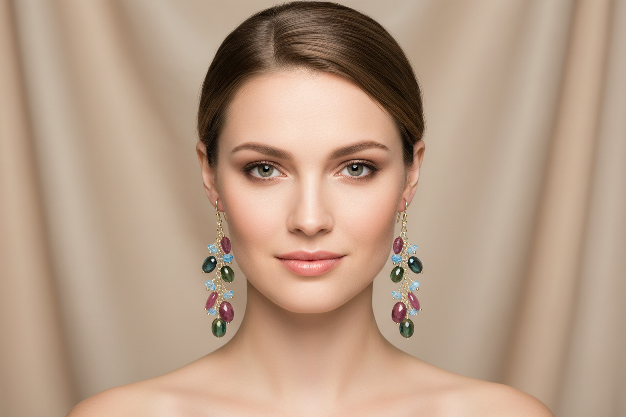 Tourmaline Blue Topaz Earrings on Model