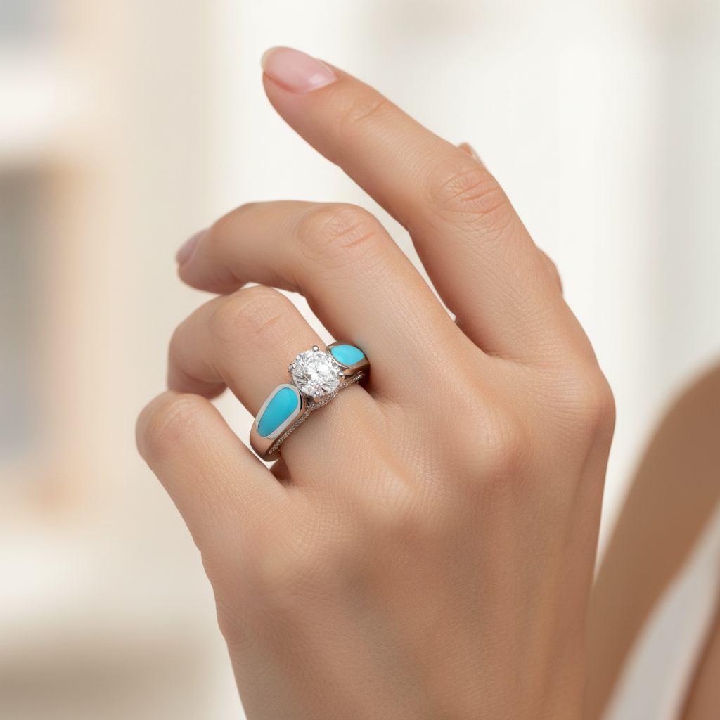 Turquoise Diamond Ring - On Model