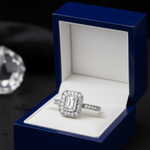 14k white gold vintage style emerald-cut lab-grown diamond ring with 0.70 ct tw in elegant gift box setting.