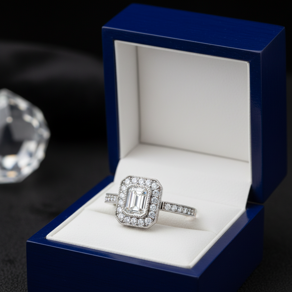 14k white gold vintage style emerald-cut lab-grown diamond ring with 0.70 ct tw in elegant gift box setting.