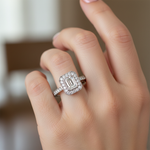 14k white gold vintage style emerald-cut lab-grown diamond fashion ring on a hand, featuring 0.70 carats total weight.