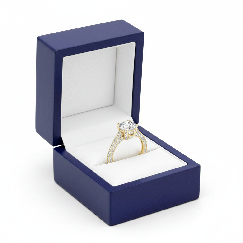Vintage Lab Diamond Ring in Royal Blue Wooden Box