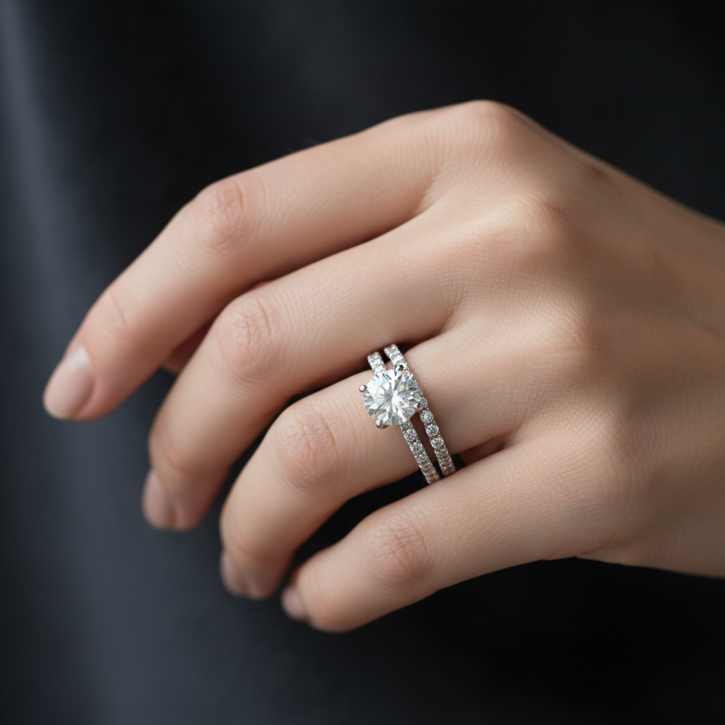 14k white gold diamond bridal set with wedding band featuring 2.70 carats total weight on a model.