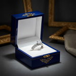 14k white gold diamond bridal wedding band set with 2.70 ct total weight, displayed in a royal blue jewelry box.