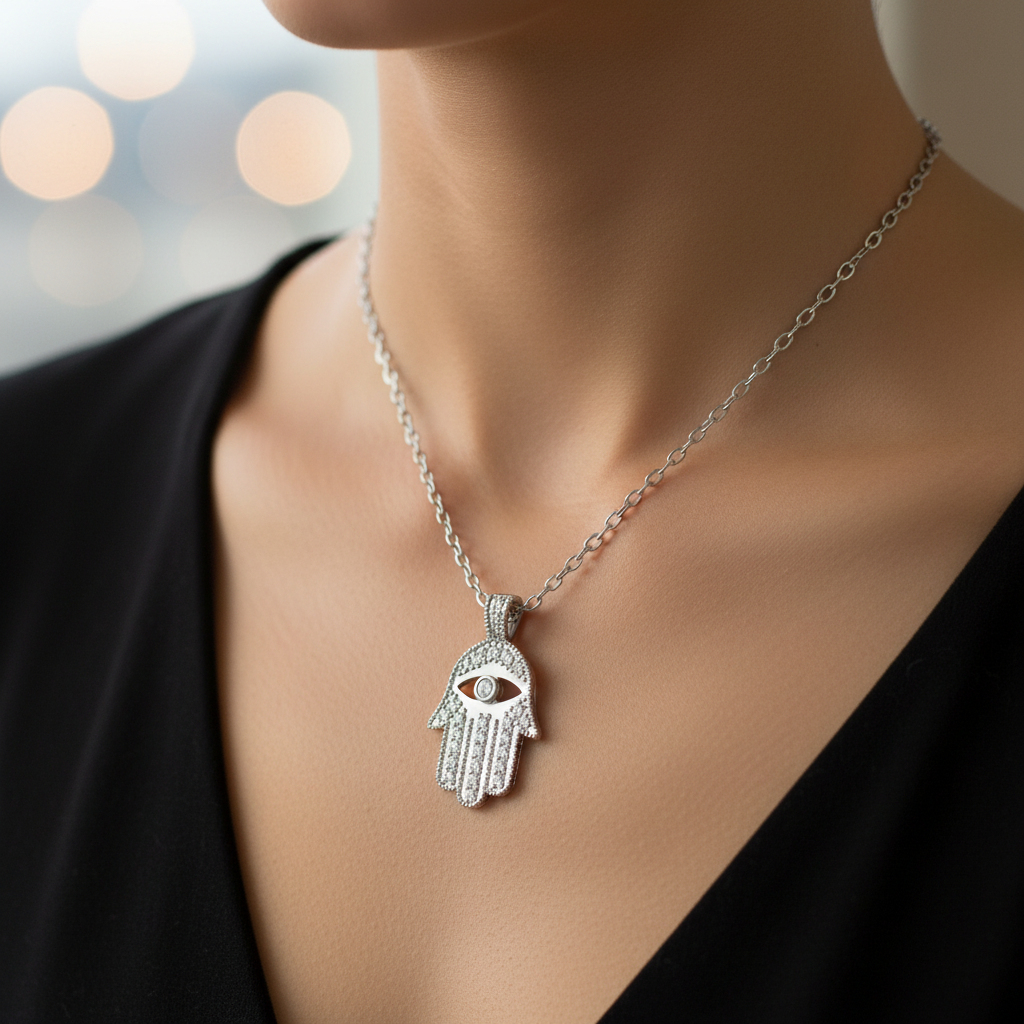 White Gold Hamsa - Worn