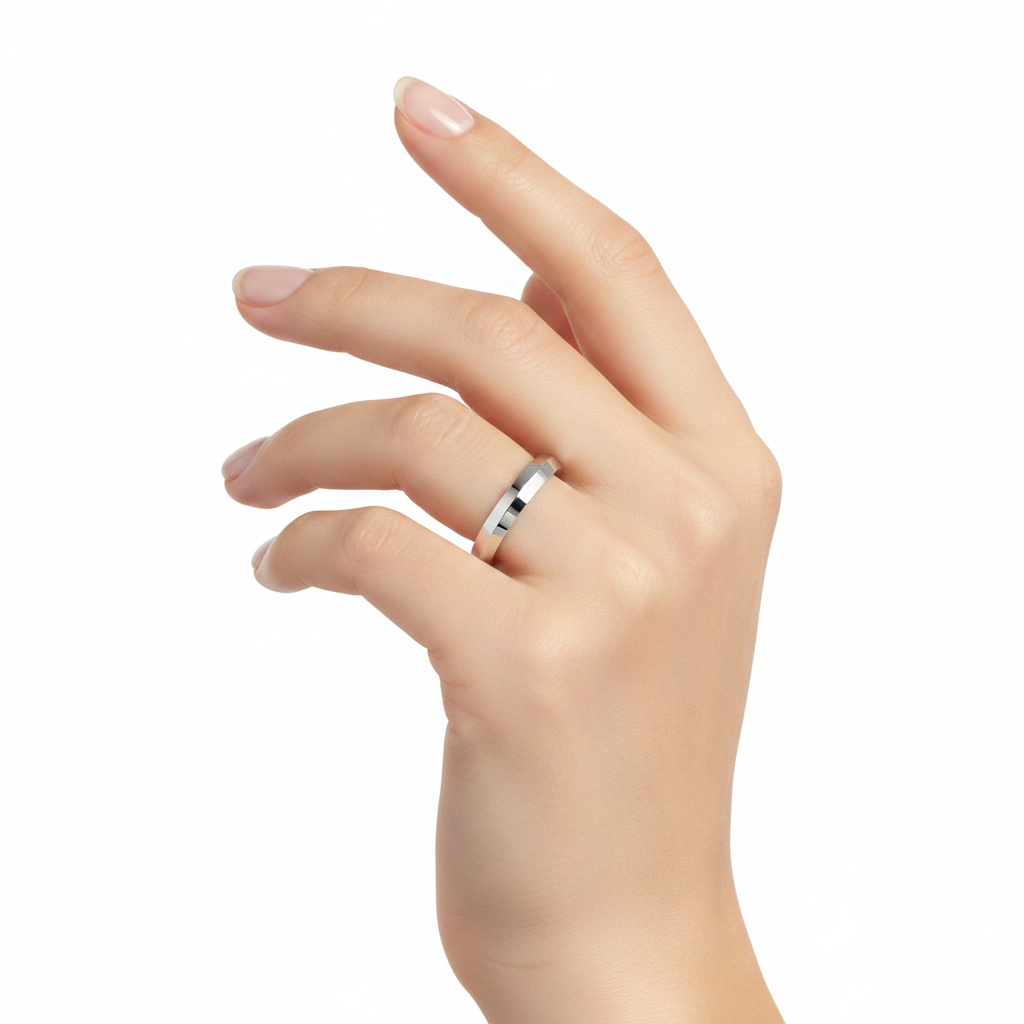 14k white gold knife edge wedding band, 3mm plain design on a model, showcasing elegant simplicity and fine craftsmanship.