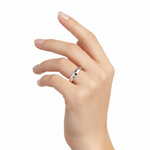14k white gold knife edge wedding band, 3mm plain design on a model, showcasing elegant simplicity and fine craftsmanship.