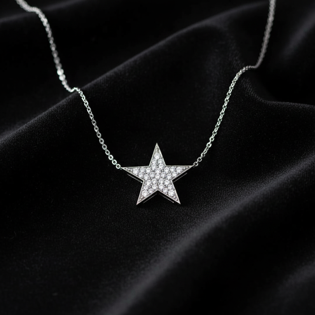 White Gold Star Necklace - Flat Lay