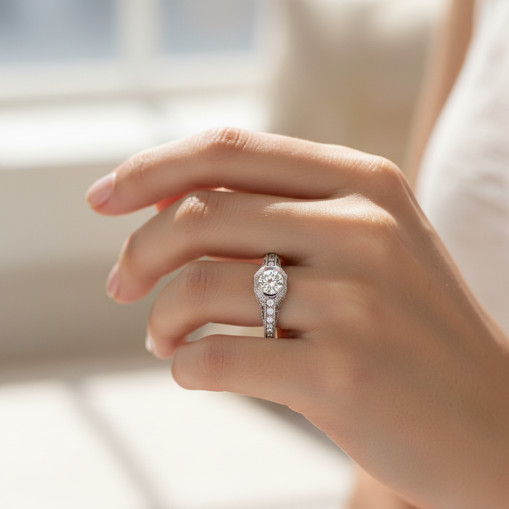 White Vintage Diamond Ring - On Model