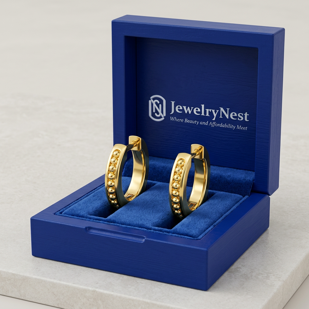 Yellow-gold caviar huggies in a royal-blue wooden JewelryNest earring box