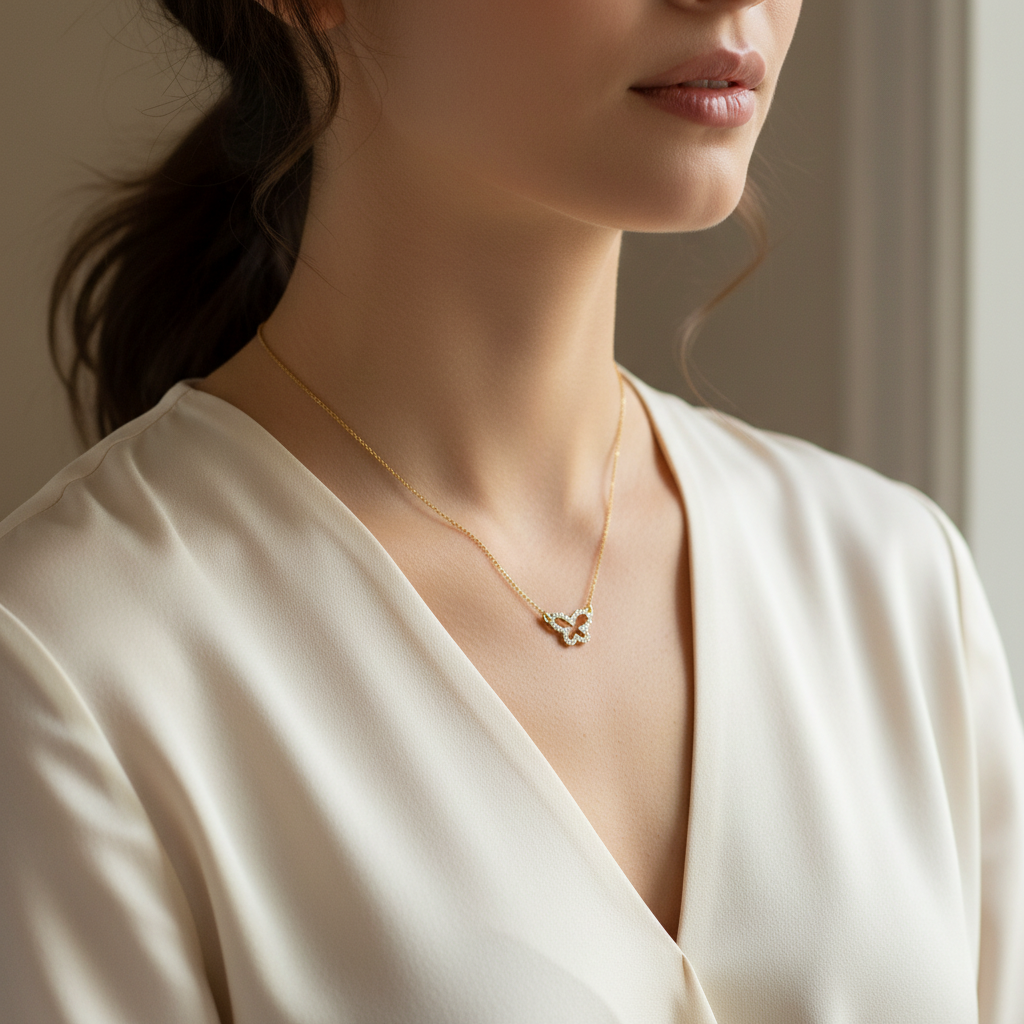 Yellow Gold Diamond Butterfly Necklace on Model