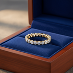 Yellow Gold Round Cut Diamond Eternity Band in Royal Blue Box