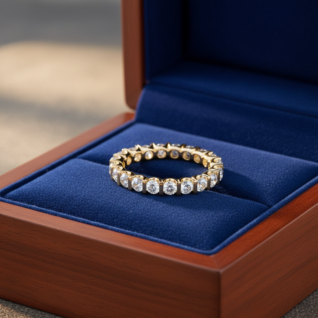 Yellow Gold Round Cut Diamond Eternity Band in Royal Blue Box