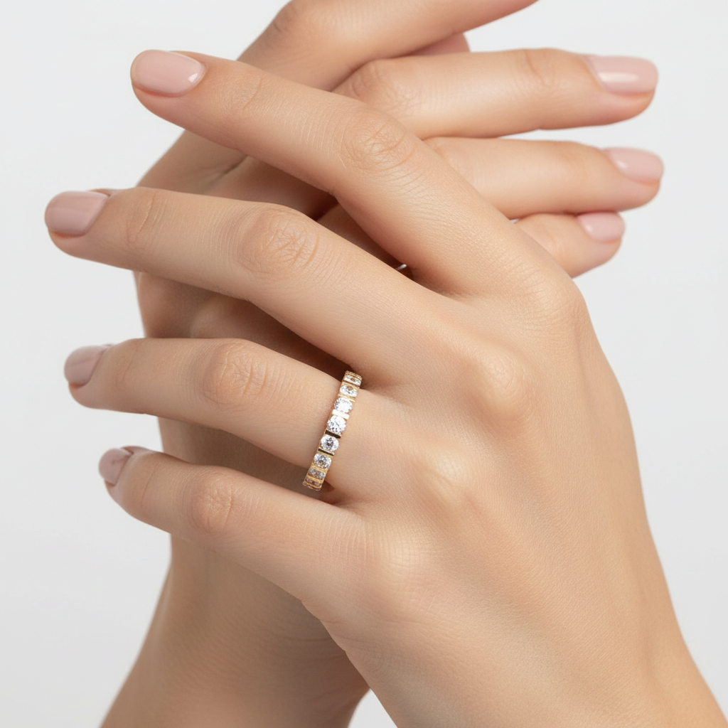 Yellow Gold Round Cut Diamond Eternity Band on Model