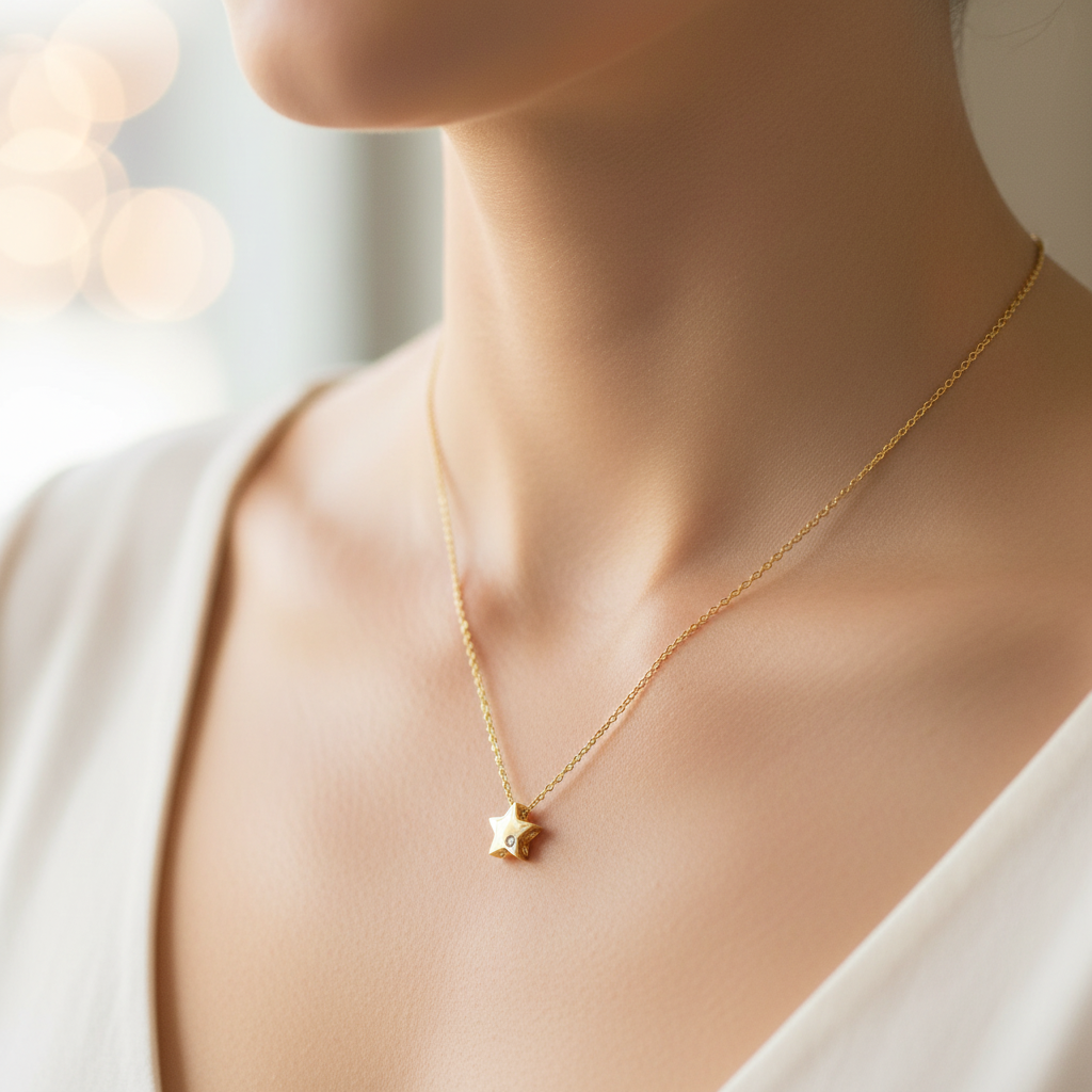 Yellow Gold Star Necklace - Worn