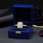 14k yellow gold vintage style emerald-cut lab diamond ring with round diamonds, 0.70 ct tw, in a jewelry gift box.