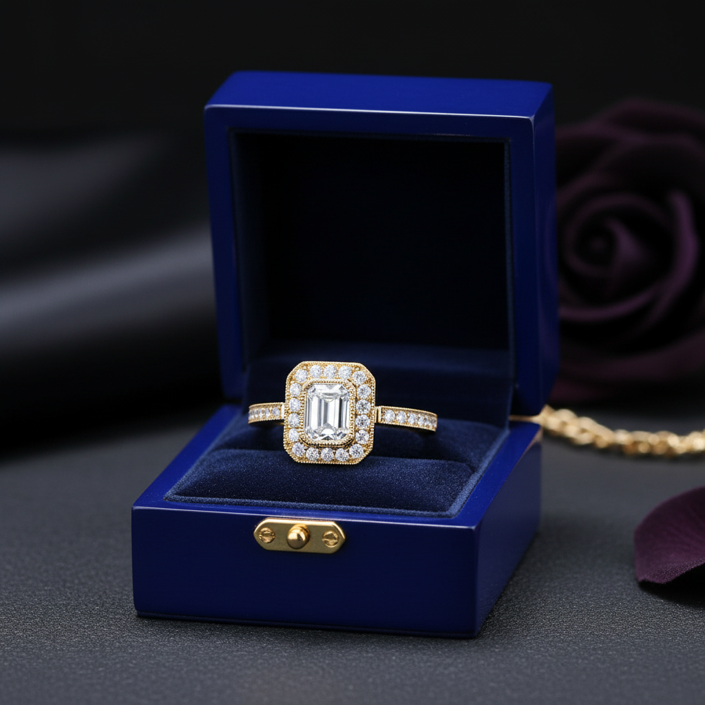 14k yellow gold vintage style emerald-cut lab diamond ring with round diamonds, 0.70 ct tw, in a jewelry gift box.