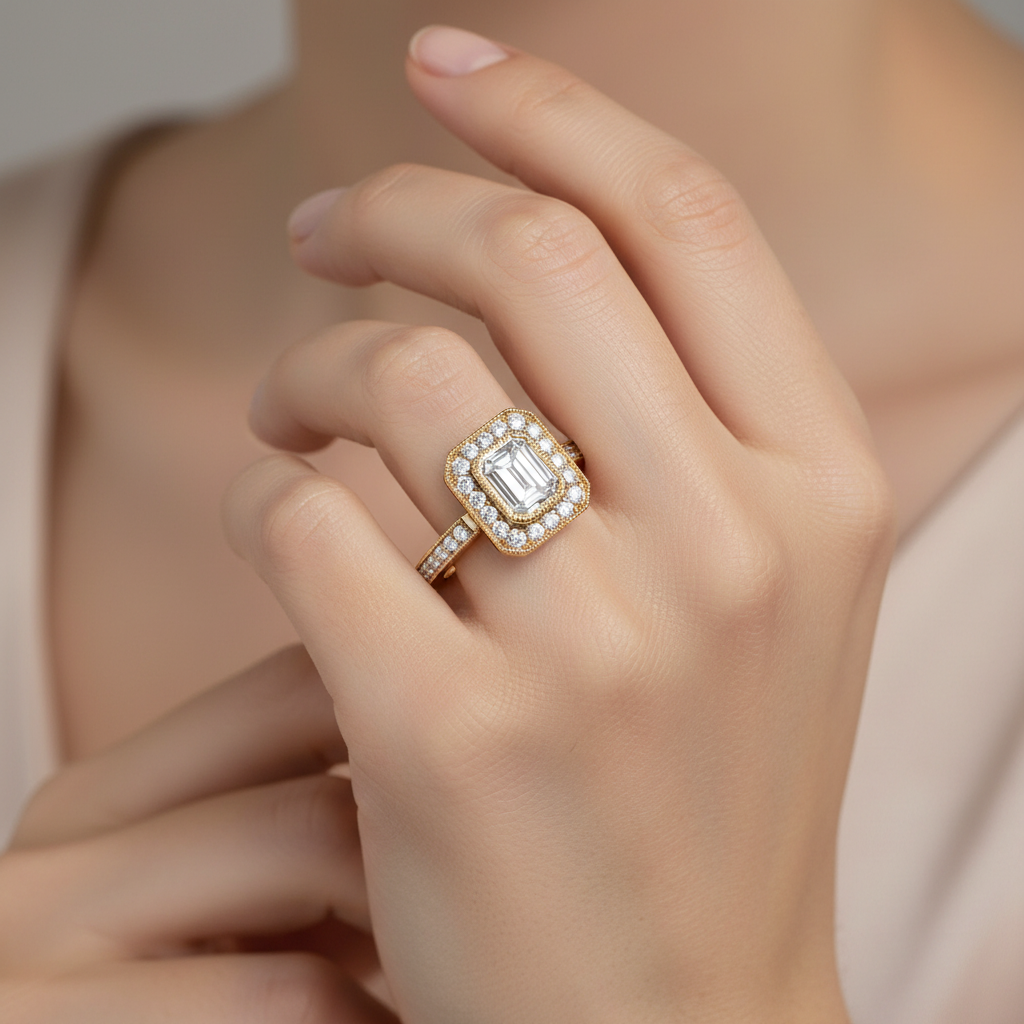 Vintage 14k yellow gold emerald and lab-grown diamond fashion ring on hand, showcasing elegant round center stone.
