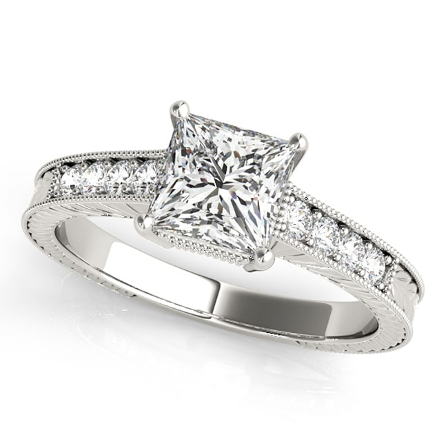 14K White Round-Princess Diamond Engagement Ring (1.30.cts.tw)