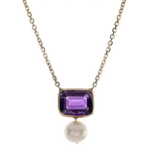 14k Gold Octagon Solitaire Amethyst Pearl Necklace (1.50.cts.tw)