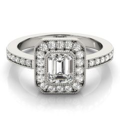 14k White Vintage Style Emerald-Round Lab Grown Diamond Ring (0.70.ct.tw)