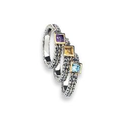 Sterling Silver 18k Gemstone Stackable Rings (1.20 cts.tw)