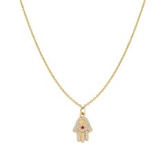 14k Solid Gold Hamsa Diamond Ruby Necklace (0.21.ct.tw)